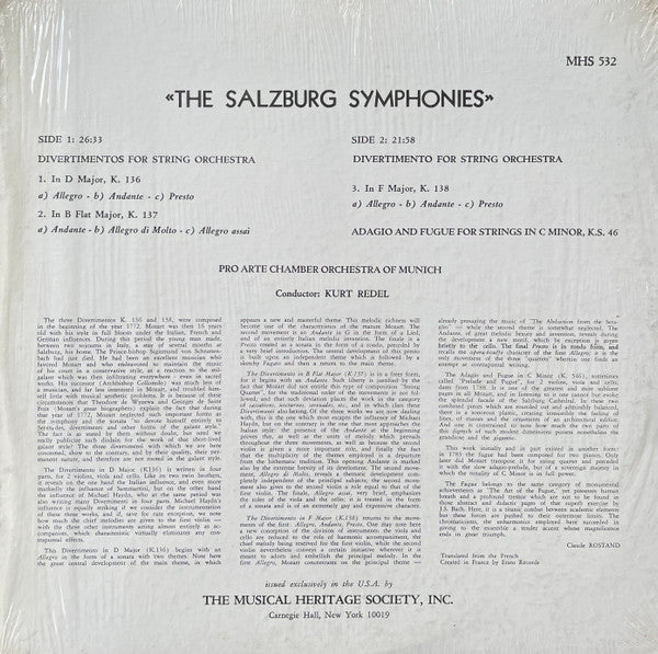 W. A. Mozart* - Orchestre Pro Arte De Munich, Kurt Redel : 3 Divertimentos For String Orchestra, K.136, 137, 138 "Salzburg Symphonies" -  Adagio And Fugue In C Minor, K.546 (LP)