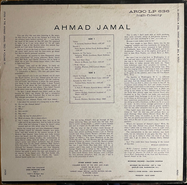 The Ahmad Jamal Trio* : Volume IV (LP, Album, Mono, Ind)