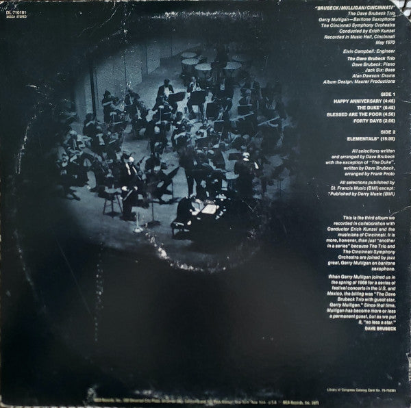 Dave Brubeck Trio With Gerry Mulligan* & The Cincinnati Symphony Orchestra* conducted by  Erich Kunzel : Brubeck/Mulligan/Cincinnati (LP, Album)