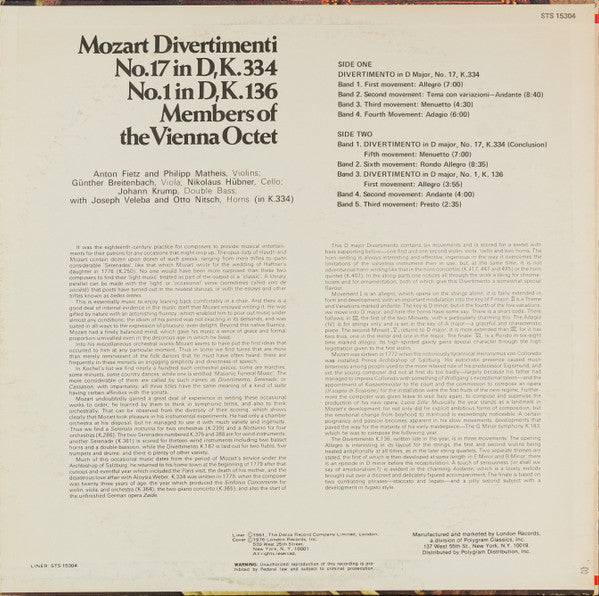 Mozart*, Members Of The Vienna Octet* : Divertimenti No.17 In D, K.334 No.1 in D,K.136 (LP, Album, RE, RP)