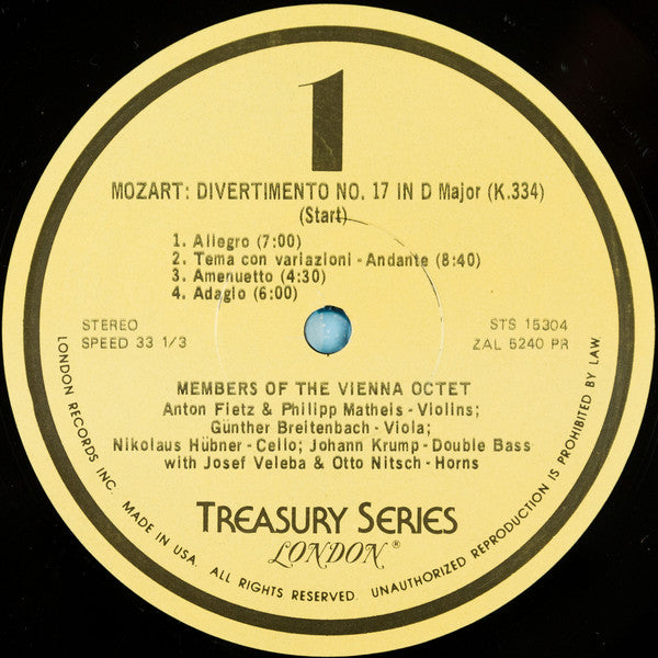Mozart*, Members Of The Vienna Octet* : Divertimenti No.17 In D, K.334 No.1 in D,K.136 (LP, Album, RE, RP)