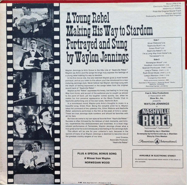 Waylon Jennings : Nashville Rebel (From The Original Sound Track) (LP, Album, Ele)