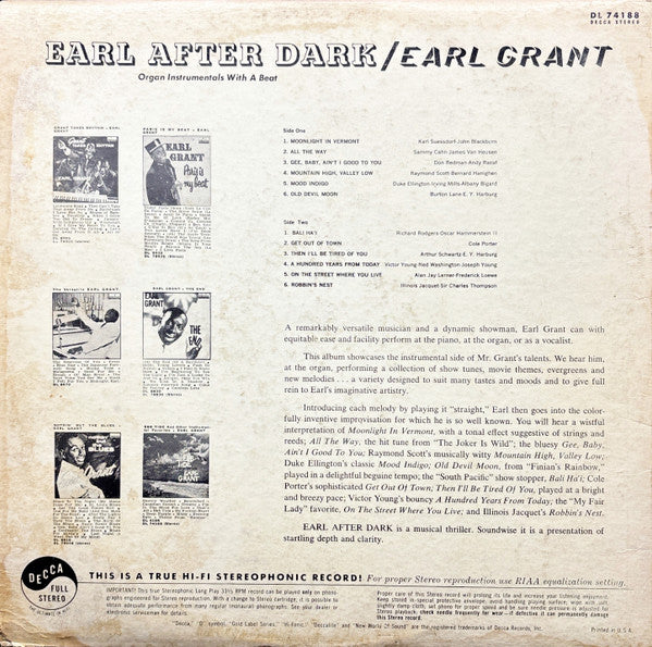 Earl Grant : Earl After Dark (LP, Album)