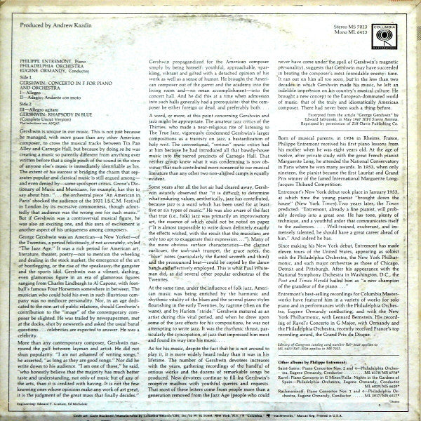 Gershwin* - Entremont* / Ormandy* / Philadelphia Orchestra* : Rhapsody In Blue / Concerto In F (LP, Album, RE)