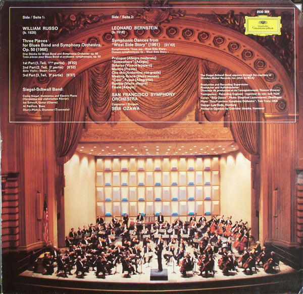 Leonard Bernstein / Bill Russo, The Siegel-Schwall Band, San Francisco Symphony · Seiji Ozawa : Symphonic Dances From West Side Story / Three Pieces For Blues Band And Orchestra (LP, Album)