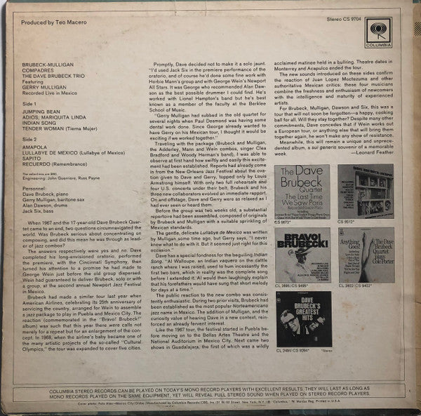 The Dave Brubeck Trio Featuring Gerry Mulligan : Compadres (LP, Album, Pit)