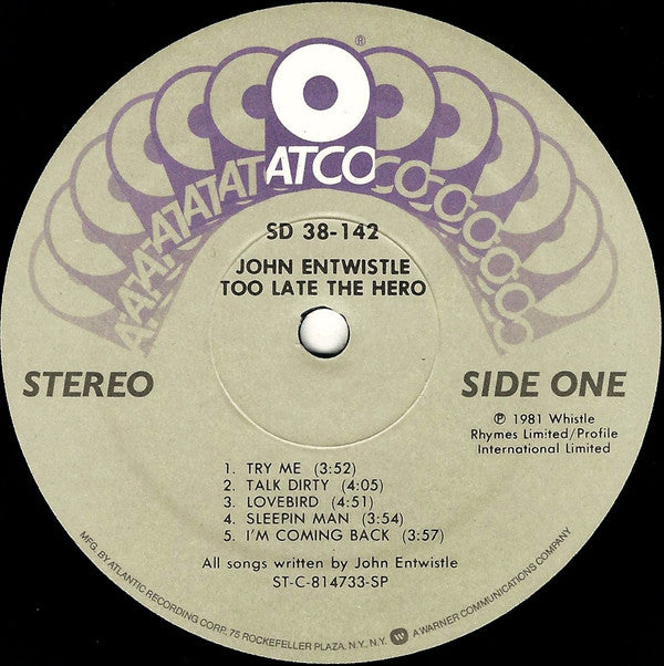 John Entwistle : Too Late The Hero (LP, Album, SP )