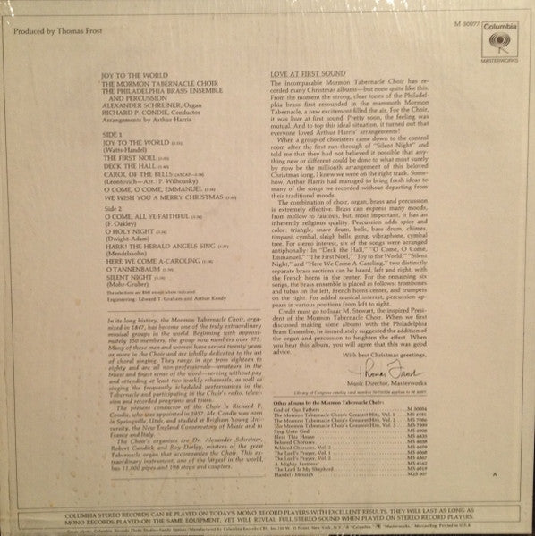 The Mormon Tabernacle Choir*, The Philadelphia Brass Ensemble And Percussion* : Joy To The World (LP, Album, Pit)
