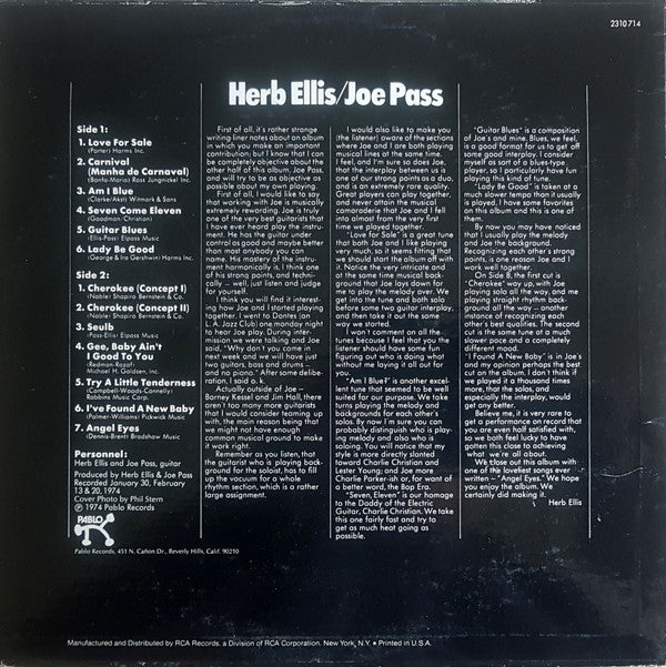 Herb Ellis / Joe Pass : Two For The Road (LP, Album, Ind)