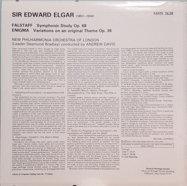 Sir Edward Elgar : Enigma, Variations On An Original Theme, Op. 36 / Falstaff, Symphonic Study, Op. 68 (LP, RE)