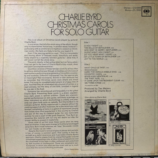 Charlie Byrd : Christmas Carols For Solo Guitar (LP, Album, San)