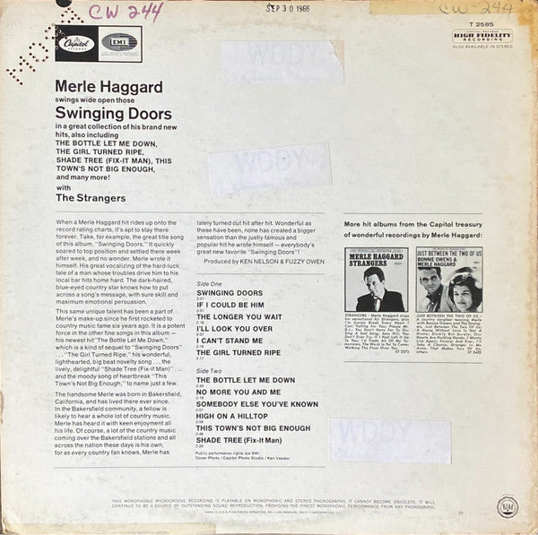 Merle Haggard And The Strangers (5) : Swinging Doors (And The Bottle Let Me Down) (LP, Album, Mono, Scr)