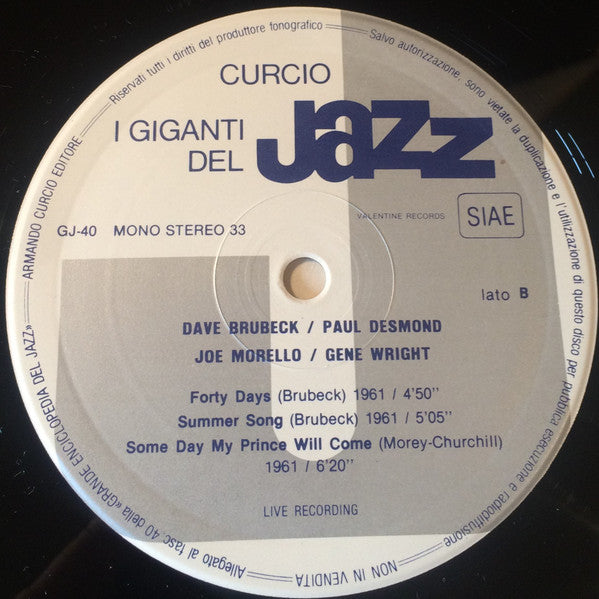 Dave Brubeck / Paul Desmond / Joe Morello / Gene Wright* : I Giganti Del Jazz Vol. 40 (LP, Comp)