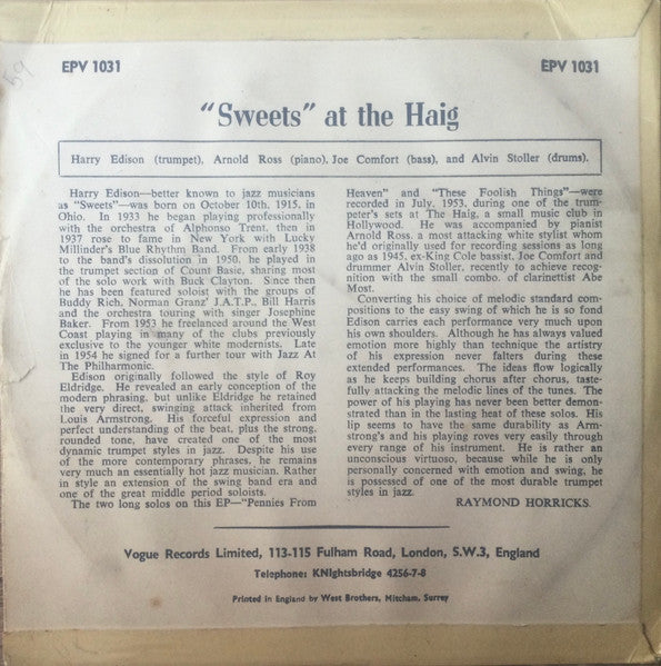 Harry Edison Quartet* : Sweets At The Haig (7", EP)