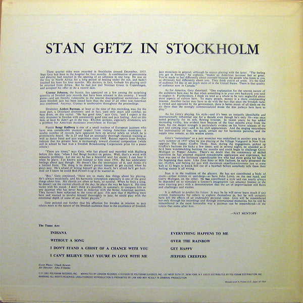 Stan Getz : In Stockholm (LP, Album, Mono, RE)