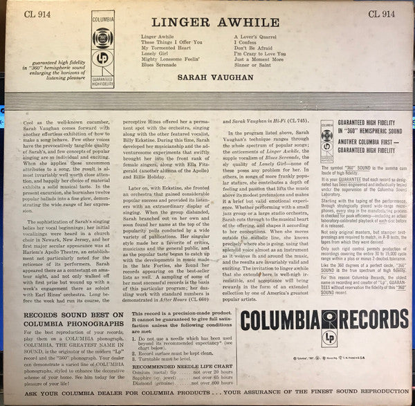 Sarah Vaughan : Linger Awhile (LP, Album, Mono)