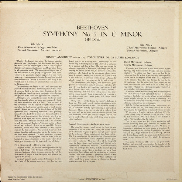 Beethoven*, L'Orchestre De La Suisse Romande, Ansermet* : Symphony No. 5 In C Minor, Opus 67 (LP, Album, RE, RP)