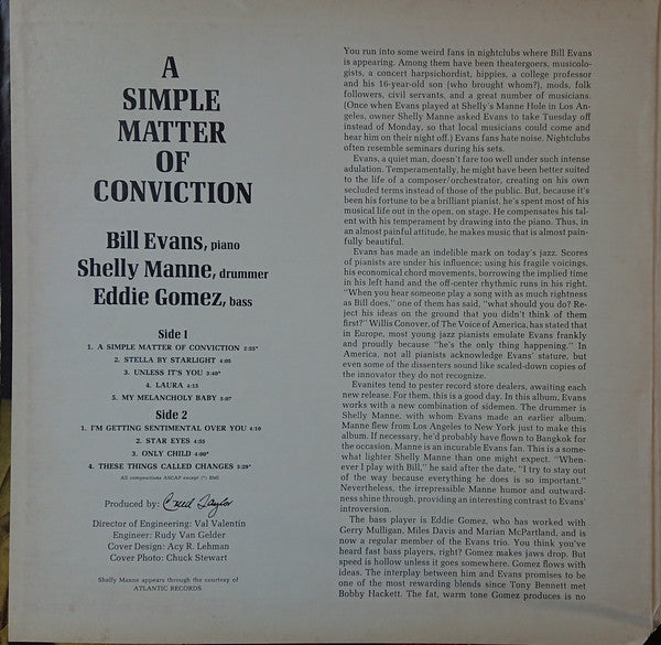 Bill Evans, Shelly Manne, Eddie Gomez : A Simple Matter Of Conviction (LP, Album, Gat)