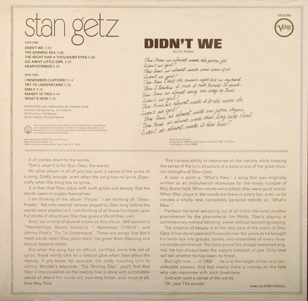 Stan Getz : Didn't We (LP, Album)