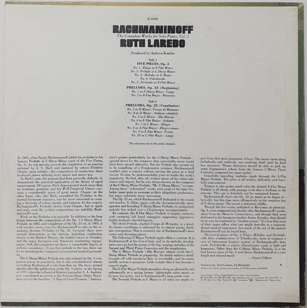 Rachmaninoff* - Ruth Laredo : The Complete Works For Solo Piano, Vol. 1 (Preludes Opus 23 / Five Pieces Opus 3) (LP, Album)