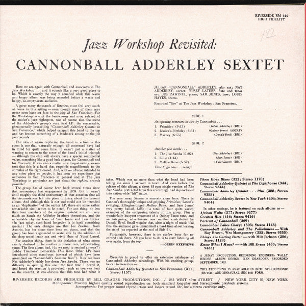 Cannonball Adderley Sextet : Jazz Workshop Revisited (LP, Album, Mono, Kee)