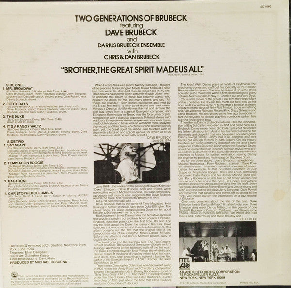 Dave Brubeck And Darius Brubeck Ensemble With Chris* & Dan Brubeck : Two Generations Of Brubeck "Brother, The Great Spirit Made Us All". (LP, Album, RI )