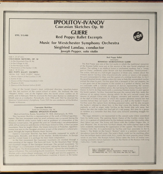 Mikhail Ippolitov-Ivanov / Reinhold Glière - Music For Westchester Symphony Orchestra*, Siegfried Landau : Caucasian Sketches, Op. 10 / ...From The "Red Poppy" Ballet (LP)