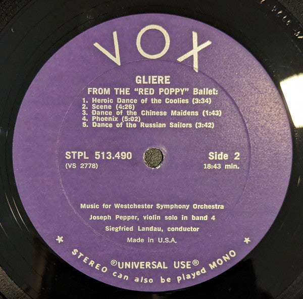 Mikhail Ippolitov-Ivanov / Reinhold Glière - Music For Westchester Symphony Orchestra*, Siegfried Landau : Caucasian Sketches, Op. 10 / ...From The "Red Poppy" Ballet (LP)