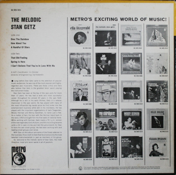 Stan Getz : The Melodic Stan Getz (LP, Album, Comp, Mono)