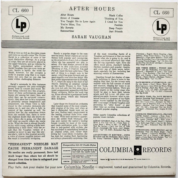 Sarah Vaughan : After Hours With Sarah Vaughan (LP, Album, Mono, RP, Ter)