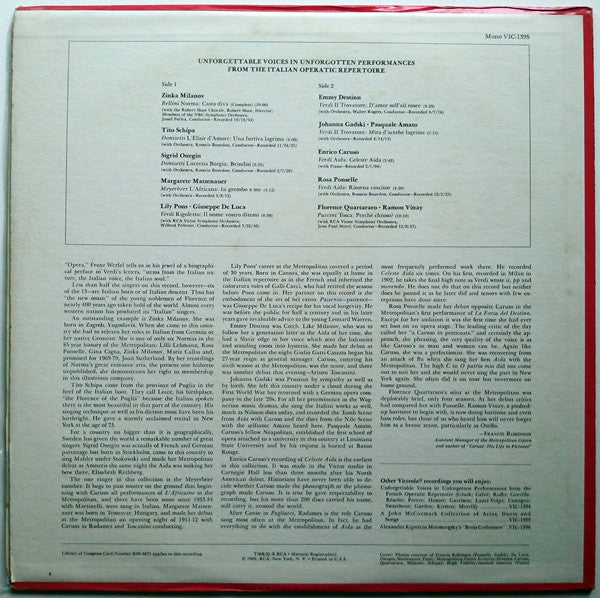 Various : Unforgettable Voices In Unforgotten Performances From The Italian Operatic Repertoire (LP, Comp, Mono)