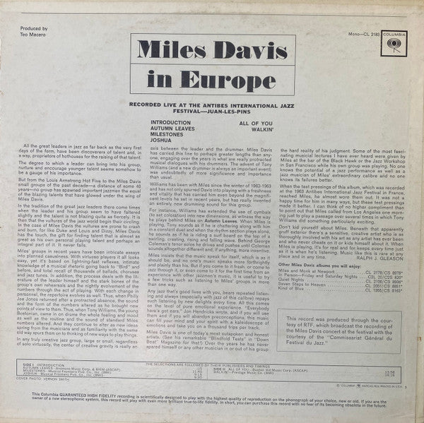 Miles Davis : Miles Davis in Europe (LP, Album, Mono)