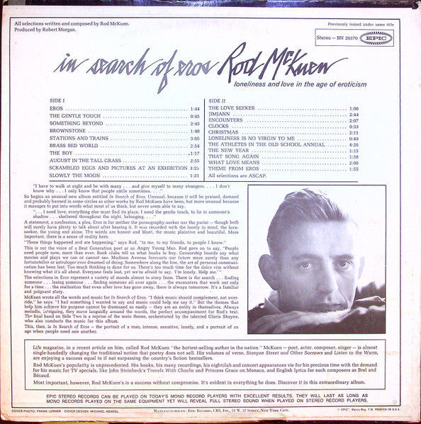 Rod McKuen : In Search Of Eros (LP, Album, Pit)