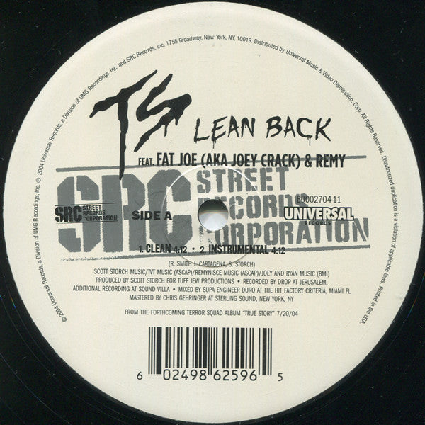 TS* Feat. Fat Joe AKA Joey Crack* & Remy* : Lean Back (12", Single)