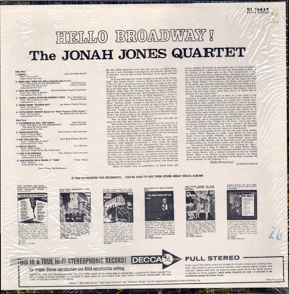 The Jonah Jones Quartet : Hello Broadway! (LP, Album, Pin)