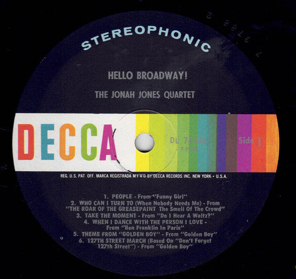 The Jonah Jones Quartet : Hello Broadway! (LP, Album, Pin)