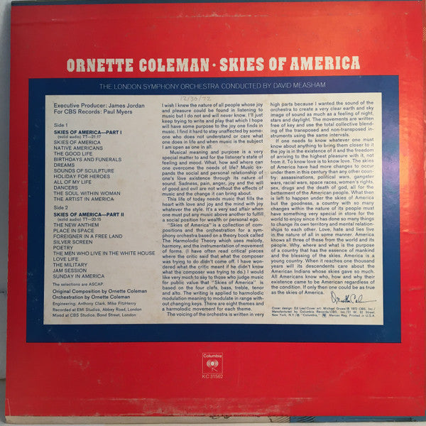 Ornette Coleman, London Symphony Orchestra  Conducted By  David Measham : Skies Of America (LP, Album, Ter)