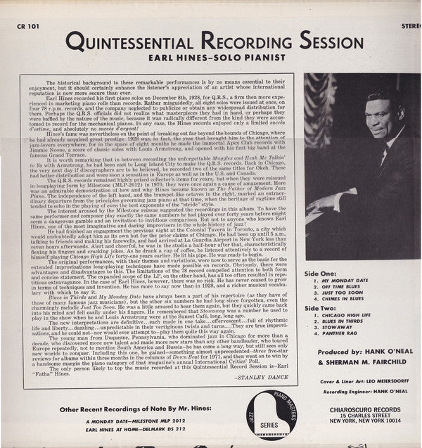 Earl Hines : Quintessential Recording Session (LP, Album, RE)