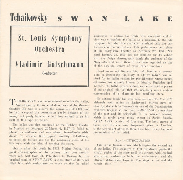 Tchaikovsky* / St. Louis Symphony Orchestra*, Vladimir Golschmann : The Swan Lake (5x7", Mono, Red + Box, Album)
