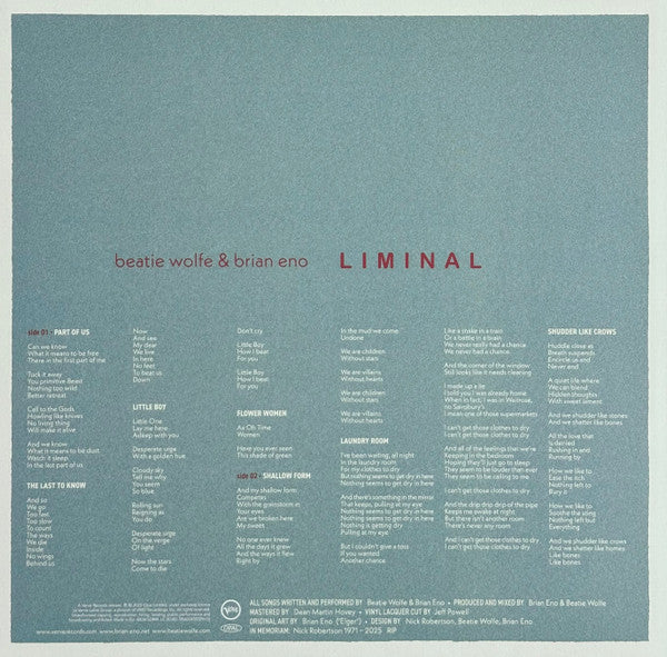Beatie Wolfe & Brian Eno : Liminal (LP, Album, Bioplastic)