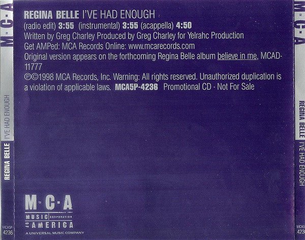 Regina Belle : I've Had Enough (CD, Single, Promo)