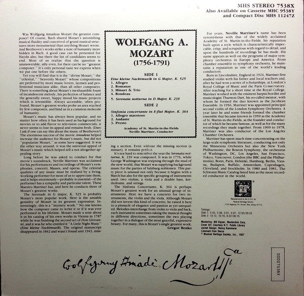 Wolfgang Amadeus Mozart - The Academy Of St. Martin-in-the-Fields / Sir Neville Marriner : Eine Kleine Nachtmusik (LP, Album)