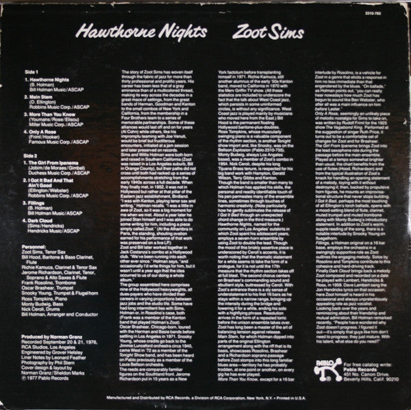 Zoot Sims : Hawthorne Nights (LP, Album, Ind)