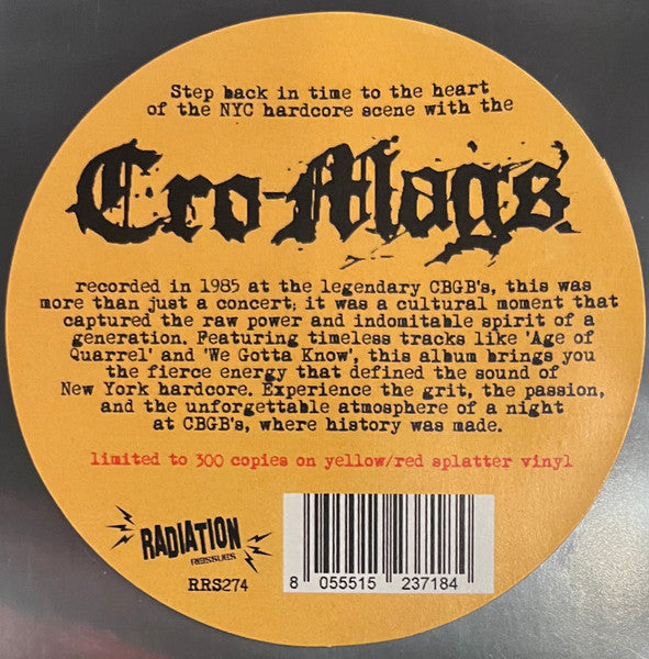 Cro-Mags : Live At CBGB's 1985 (LP, RSD, Ltd, Yel)
