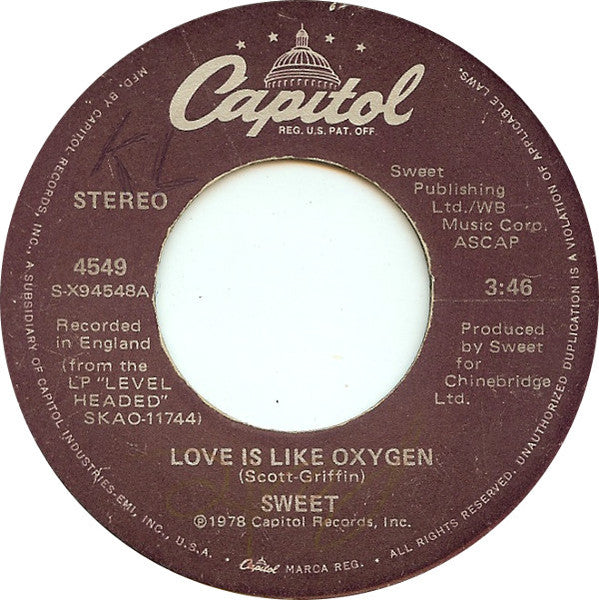 Sweet* : Love Is Like Oxygen (7", Single, Win)