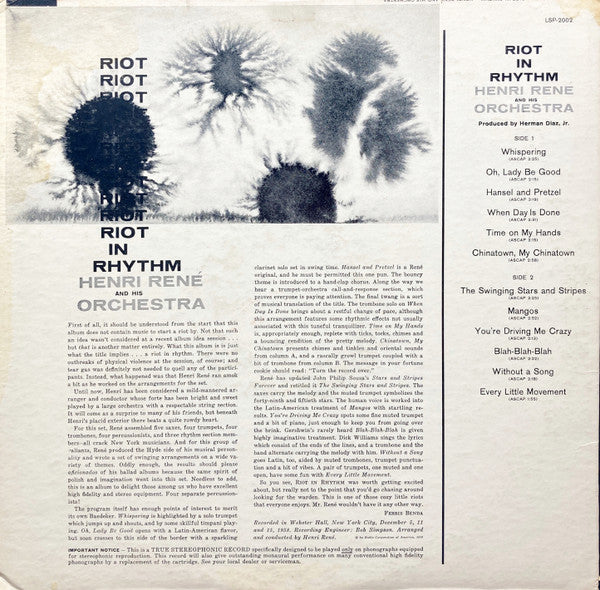 Henri René And His Orchestra : Riot In Rhythm (LP, Album)