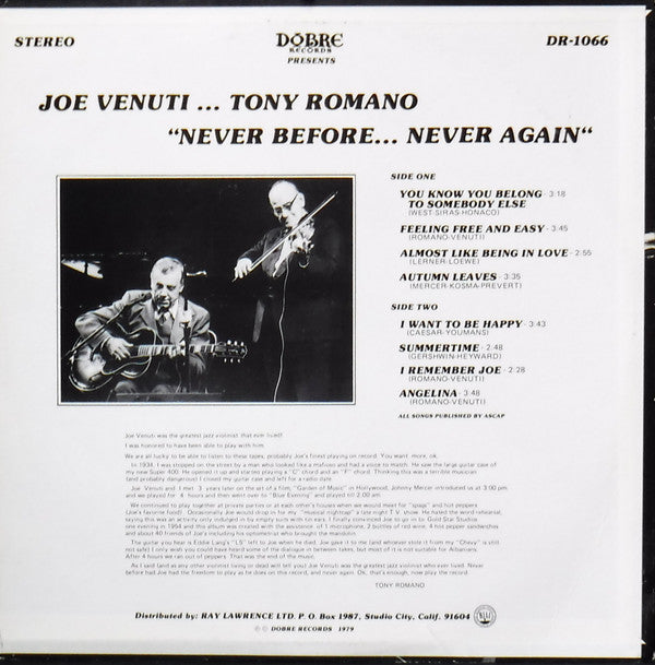 Joe Venuti ― Tony Romano (8) : Never Before... Never Again (LP, Album)