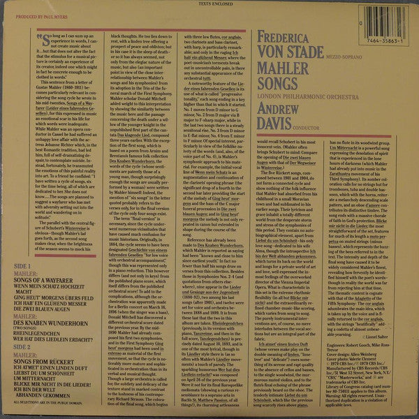 Frederica von Stade, London Philharmonic Orchestra, Andrew Davis - Mahler* : Songs Of A Wayfarer / Rückertlieder / Two Songs From Des Knaben Wunderhorn (LP, Album)