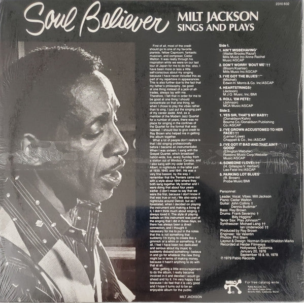 Milt Jackson : Soul Believer Milt Jackson Sings And Plays (LP, Album, Als)