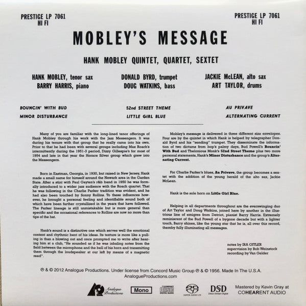 Hank Mobley : Mobley's Message (SACD, Hybrid, Album, Mono, RE, RM)